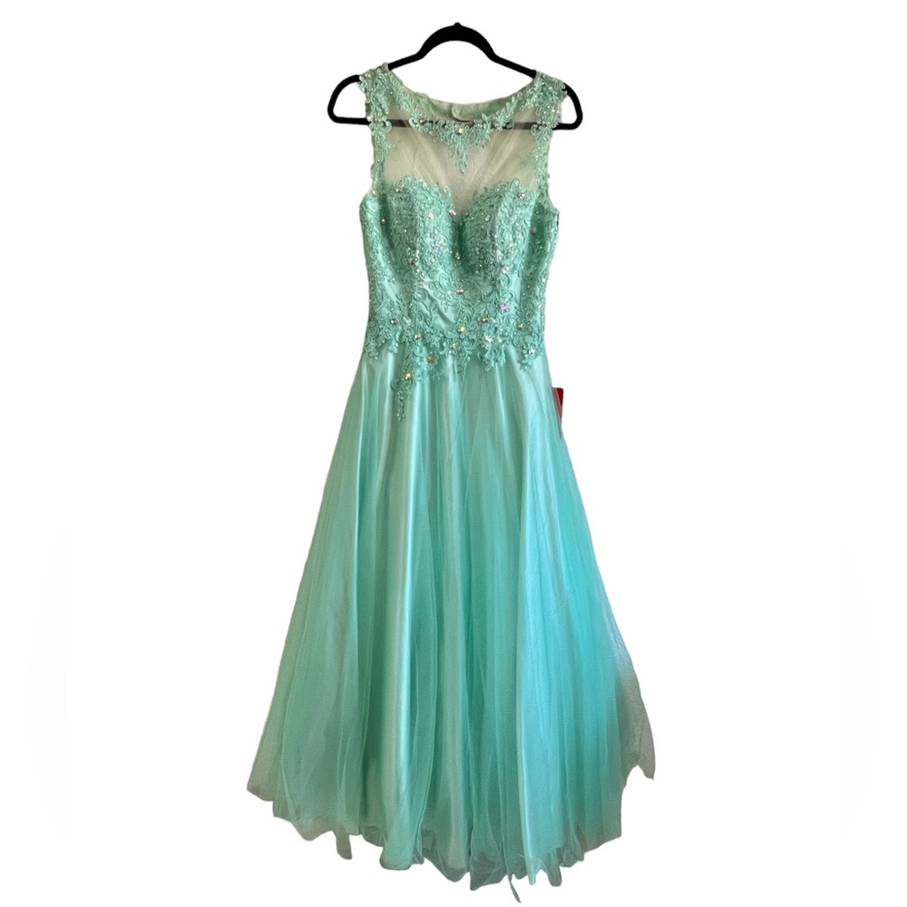 Aqua Dancing Queen Bejeweled Lace Dress 8876